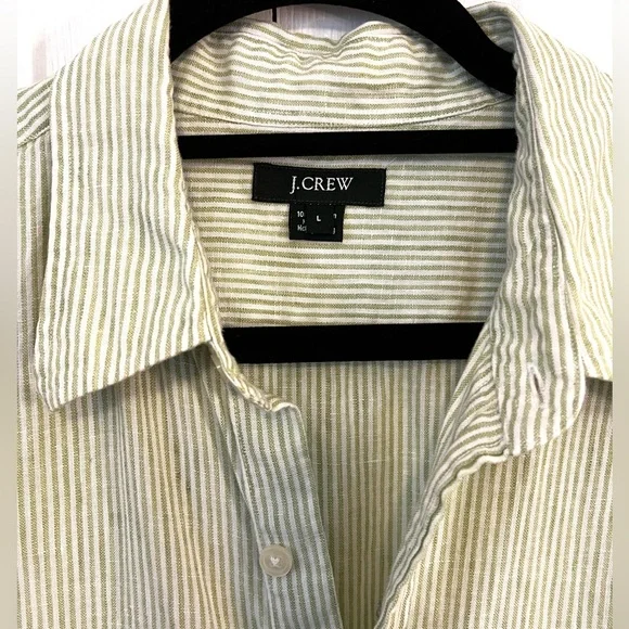 J. Crew Linen Long Sleeve Green Stripe Button down Shirt sz L - Picture 5 of 11